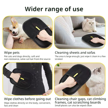3-in-1 static pet hair removal gloves for grooming, deshedding, and cleaning fur from furniture, clothes, and carpets—gentle, reusable, and easy to use.