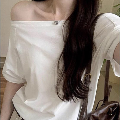 Women's Off Shoulder Oblique Collar Loose Short Sleeve Top – Casual Solid Polyester Blouse