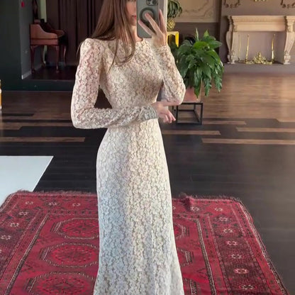 Elegant Long Sleeve Fitted Maxi Dress – High Waist Solid Color Women’s Autumn Fashion