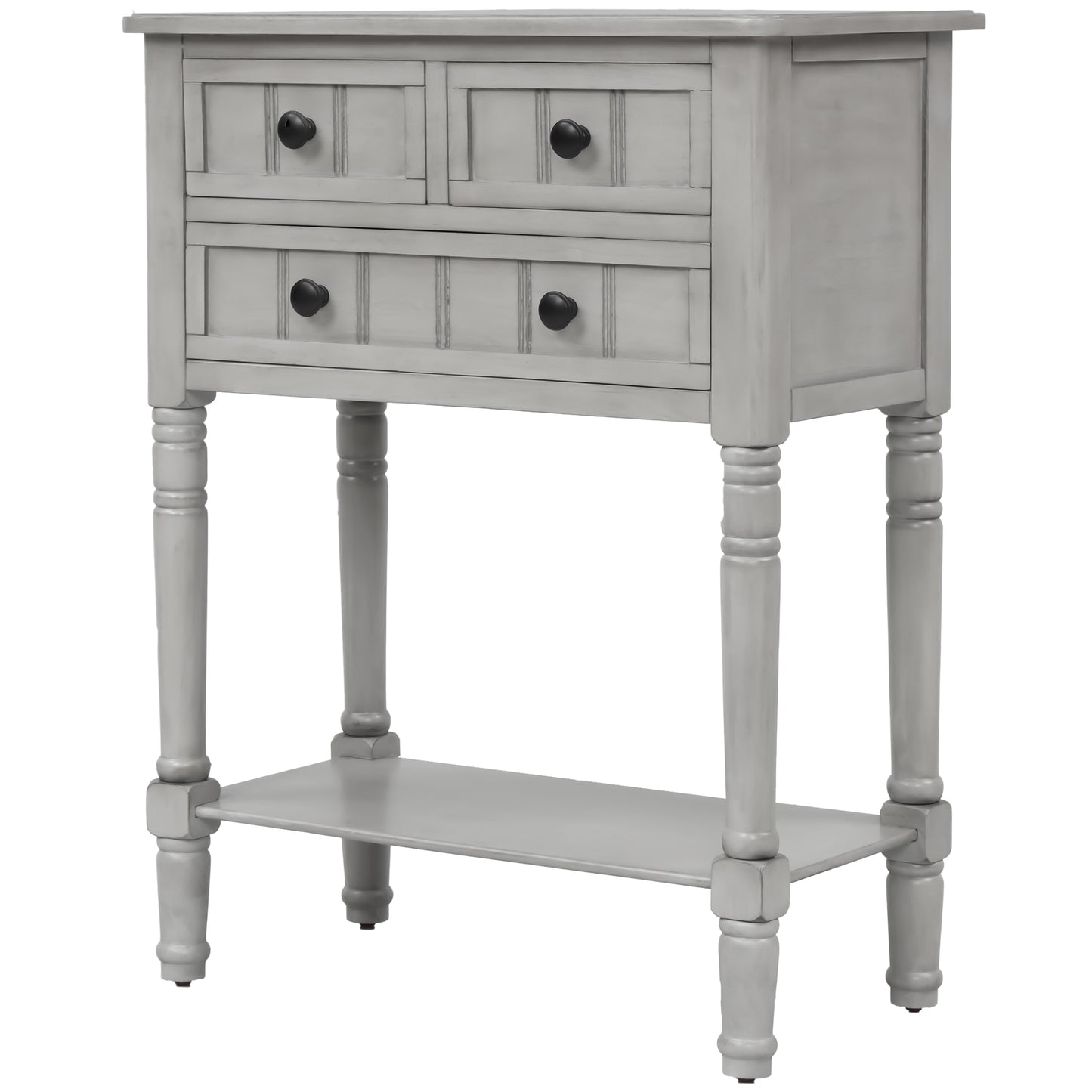 Slim grey-washed console desk with three drawers and bottom shelves. Space-saving sofa table perfect for living rooms, entryways, and hallways.