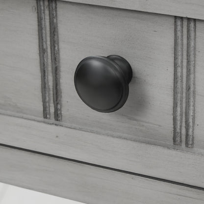 Slim grey-washed console desk with three drawers and bottom shelves. Space-saving sofa table perfect for living rooms, entryways, and hallways.