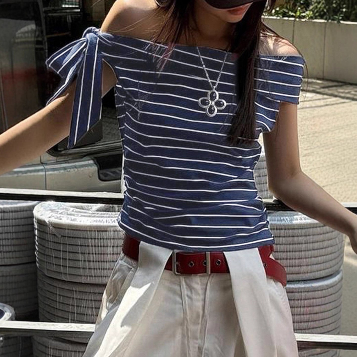 Zarusky One Shoulder Striped T-Shirt – Sexy Off Shoulder Contrasting Top