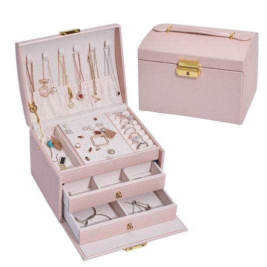 Three-Layer Leather Drawer Jewelry Box – Light Luxury Earrings & Stud Storage with Lock