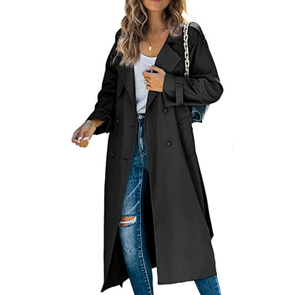 Luxury Wool-Blend Trench Coat for Women – Autumn/Winter Double-Breasted Long Coat with Notch Lapel, Straight Fit Elegant Casual Outerwear