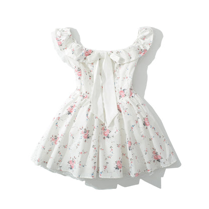 Women's Bow Print One-Shoulder Irregular Mini Dress | White