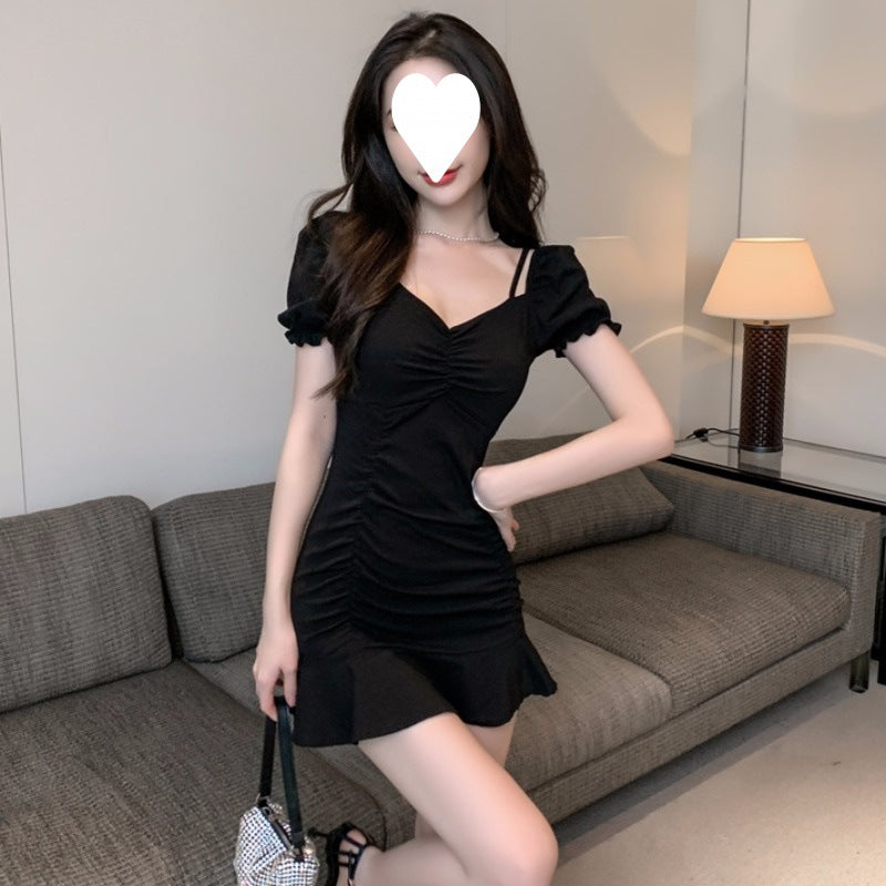 Mini-robe évasée asymétrique à manches bouffantes pour femme – Caraco torsadé en soie