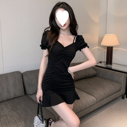 Mini-robe évasée asymétrique à manches bouffantes pour femme – Caraco torsadé en soie