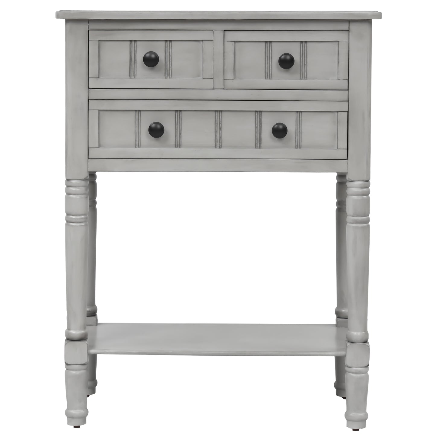 Slim grey-washed console desk with three drawers and bottom shelves. Space-saving sofa table perfect for living rooms, entryways, and hallways.