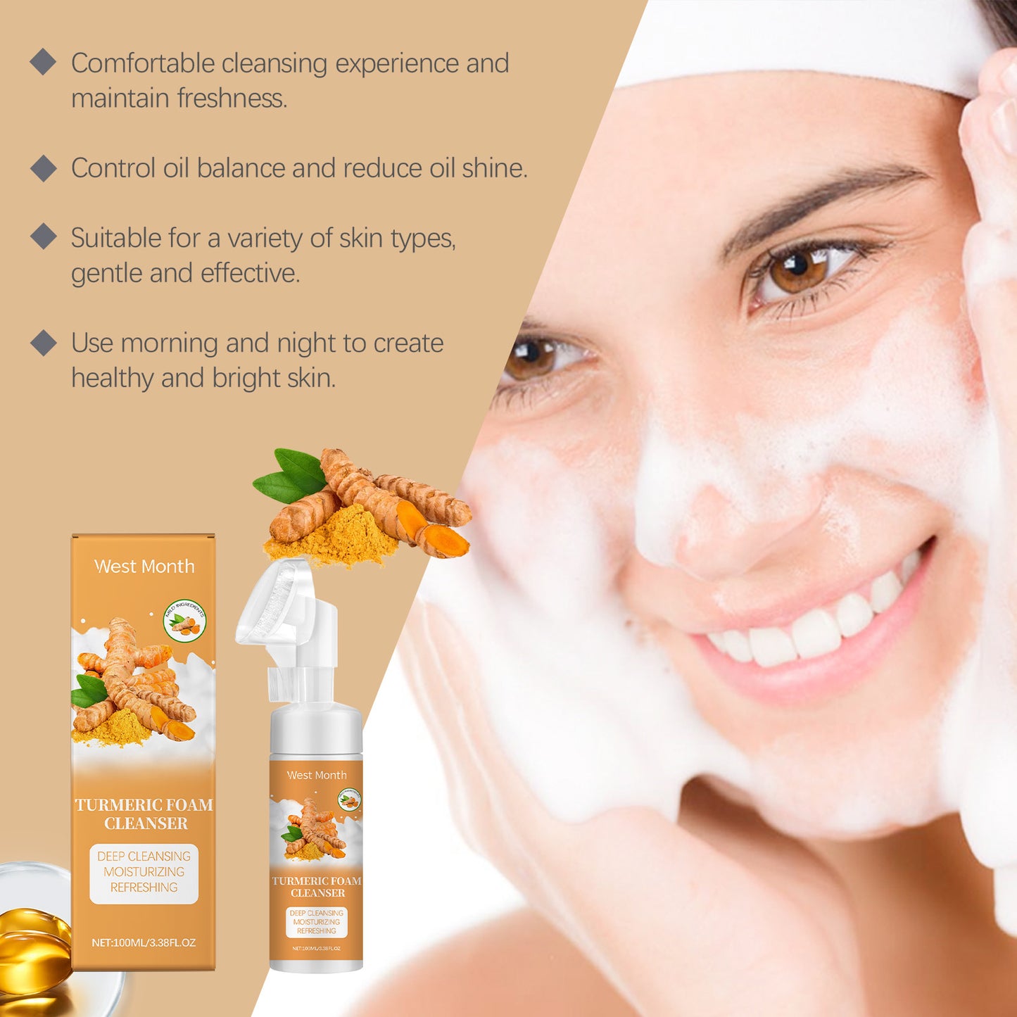 West&Month Turmeric Foam Cleanser - Gentle Pore Cleansing & Moisturizing Face Wash
