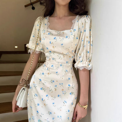 Elegant Floral Print Long Sleeve Dress – A-Line Lace Trim Fitted Women’s Spring Fashion
