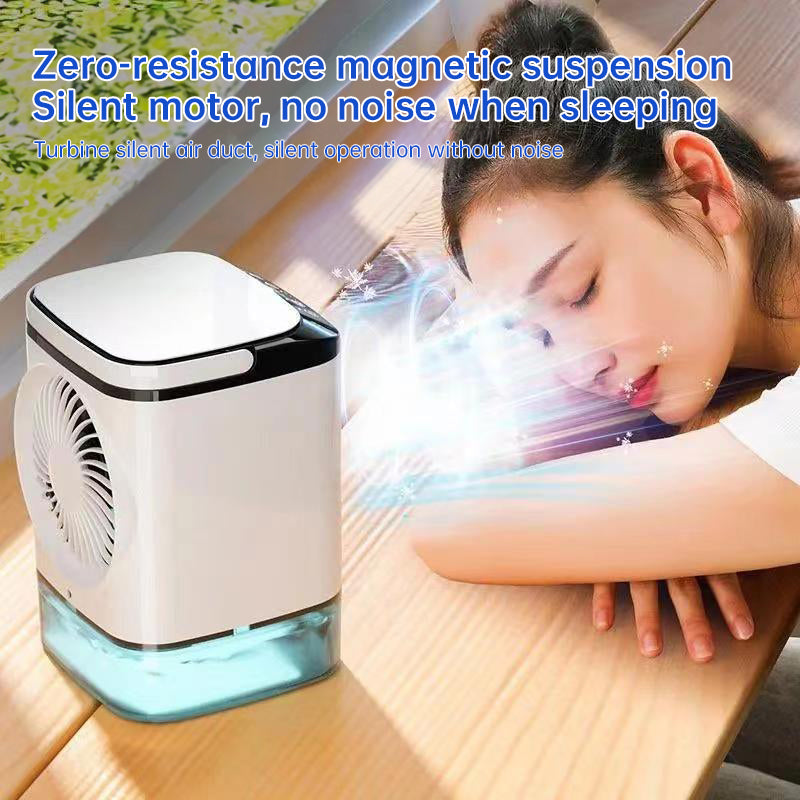 Compact 3-speed mini air cooler with 900ML water tank. Fan + humidifier combo delivers refreshing airflow—perfect for bedrooms, offices, and desks.