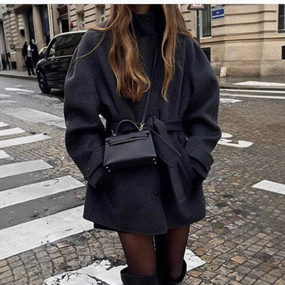 Women’s Belted Half-Turtleneck Wool Coat – Solid Color Elegant Outerwear | Timeless Luxury Design