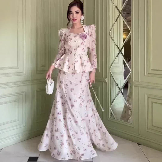 Ensemble deux pièces printanier pour femme – Robe à manches bouffantes et imprimé floral – Élégant, doux et féminin