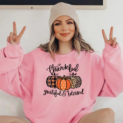 Back collar with plush sweatshirt round neck with pumpkin print