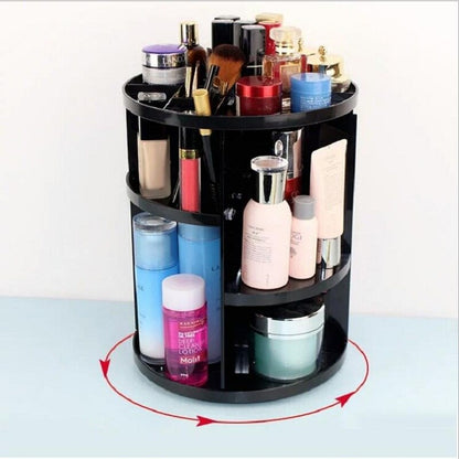 360° Rotating Makeup Organizer - Multi-Compartment Cosmetic Storage Box with Brush Holder & Jewelry Case