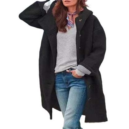 Women’s Fashionable Solid-Color Wool Coat – Elegant Hooded Long Outerwear | Premium Winter Luxury