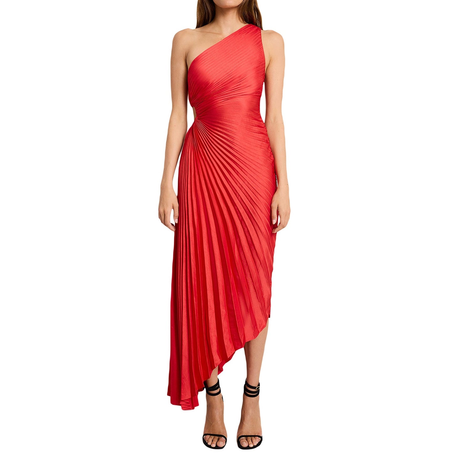 Single Shoulder Diagonal Neckline Pleated Hollow Out Satin Dress - Long Skirt