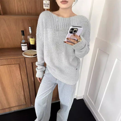 Zarusky Off Shoulder Loose Knit Sweater – Ripped Slanted Collar High-End Top