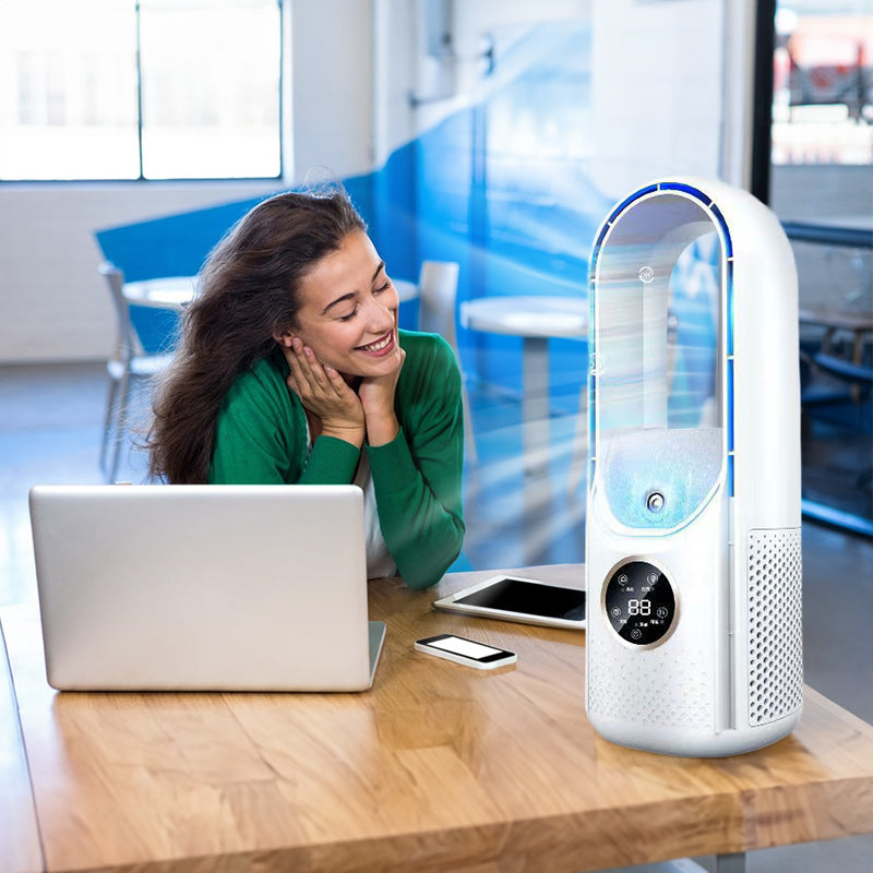 Compact mini USB air cooler with six speed levels, silent operation, and timer function. Bladeless design for safe, efficient personal cooling at home or office.