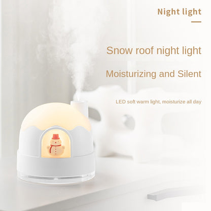Snowy house night light humidifier with silent spray mist. Cute, festive, and soothing—perfect Christmas gift for home, bedroom, or desk use.