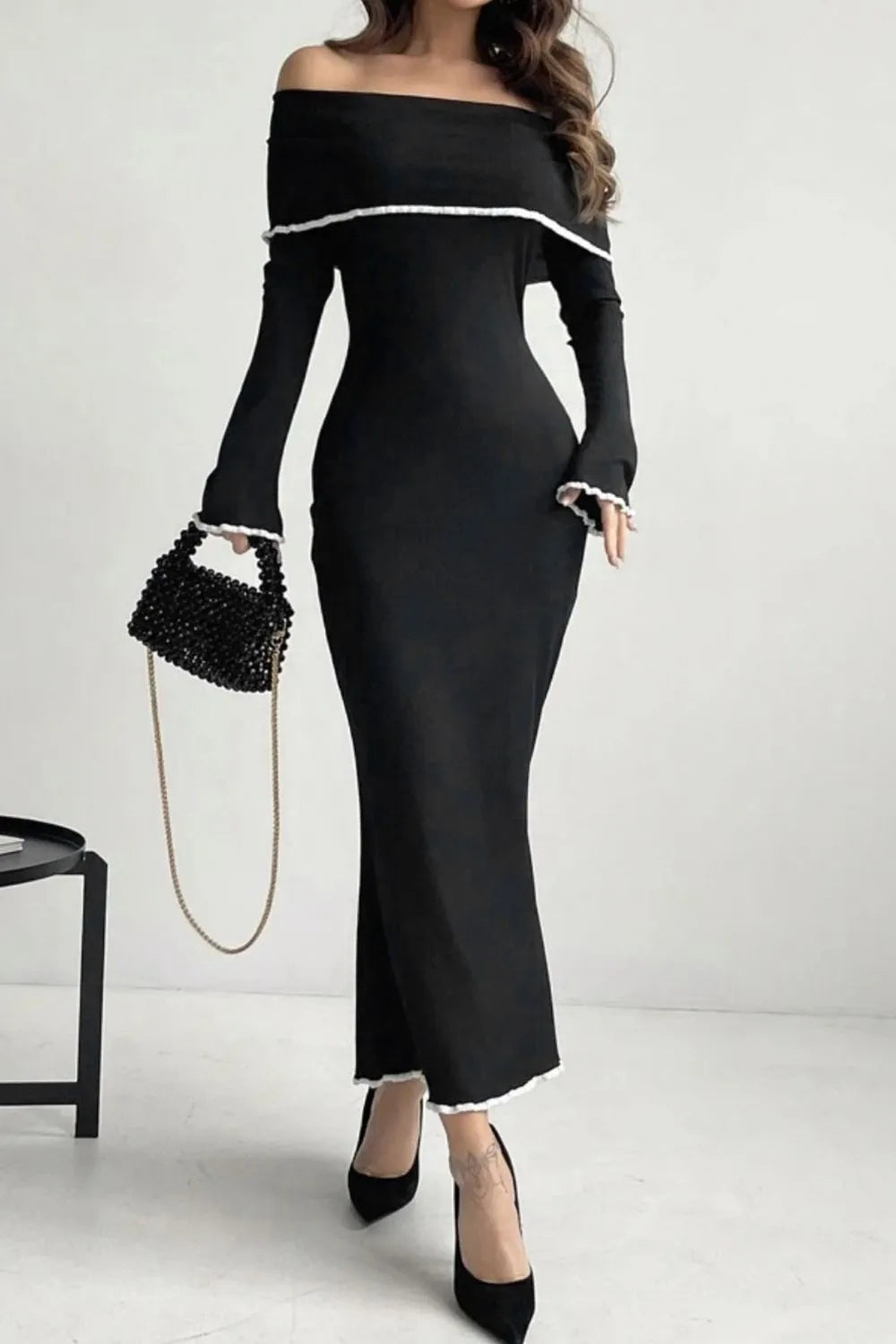 Off-Shoulder Maxi Sweater Dress - Contrast Trim Long Sleeve