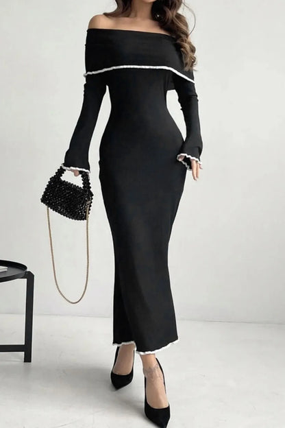 Off-Shoulder Maxi Sweater Dress - Contrast Trim Long Sleeve