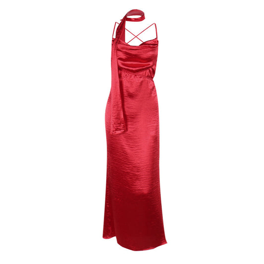 Sexy Slim Satin Ribbon Camisole Skirt - Sleeveless Round Neck Long Dress
