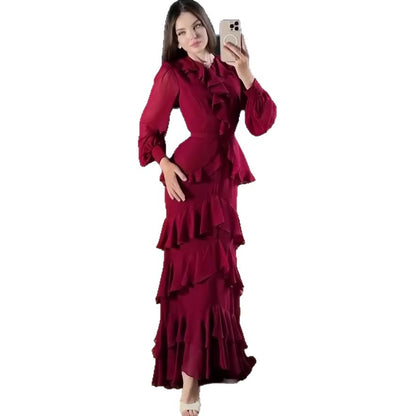 Waist Cinching Mermaid Maxi Dress – Lantern Sleeve Stand Collar Women’s Long Dress | 5 Colors