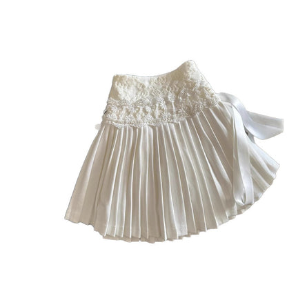 Women's White Lace Trim Pleated Mini Skirt – High Waist Ballet Style