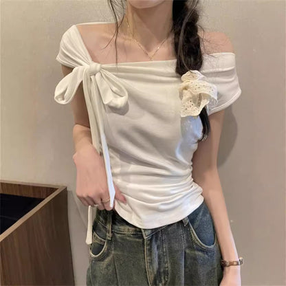 Women's Off Shoulder Strap Short Top – Slim Fit One-Word Collar Rayon Blouse