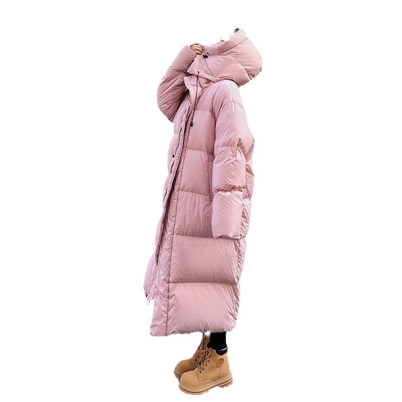 Luxury White Down Hooded Long Coat for Women – Extra Warm High-Quality Duck Down Knee-Length Winter Parka