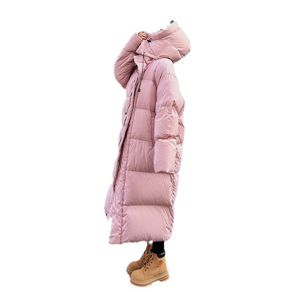 Luxury White Down Hooded Long Coat for Women – Extra Warm High-Quality Duck Down Knee-Length Winter Parka