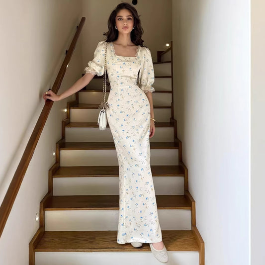 Elegant Floral Print Long Sleeve Dress – A-Line Lace Trim Fitted Women’s Spring Fashion