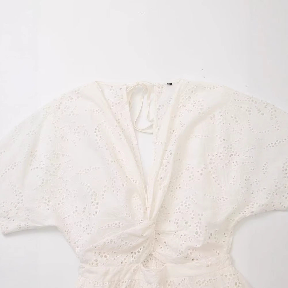 Women's Bow & Hollow Embroidery A-Line Midi Dress | White