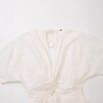 Women's Bow & Hollow Embroidery A-Line Midi Dress | White
