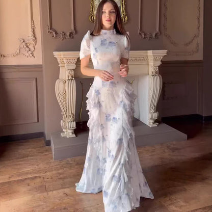 Women's Vintage Floral Short Sleeve Fitted Maxi Dress – Literary High Neck Long Dress