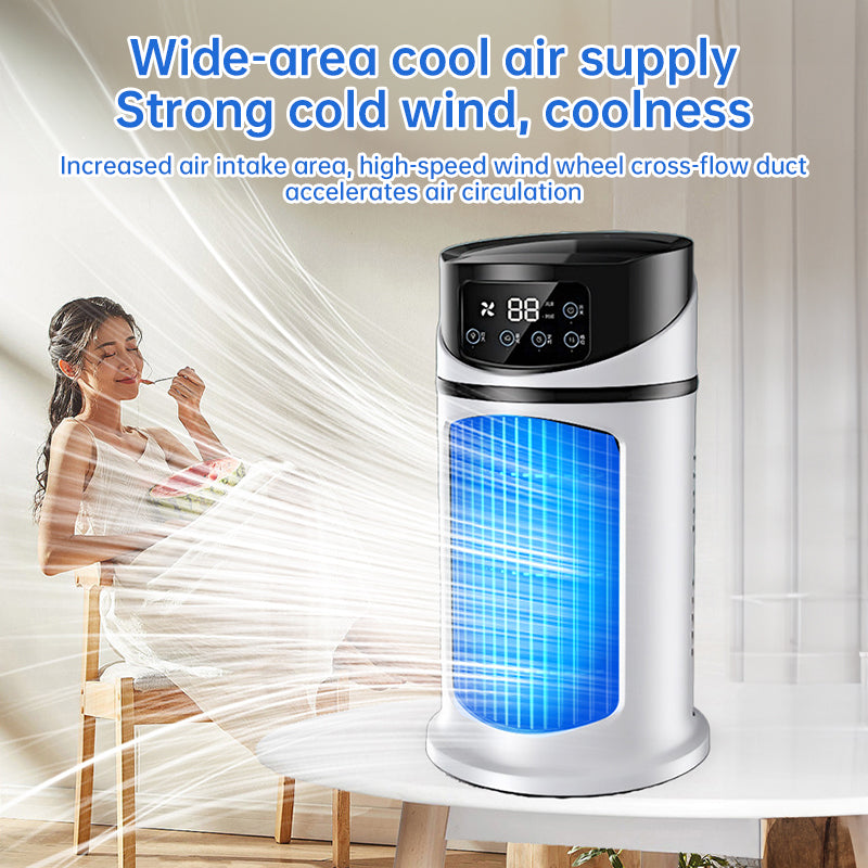 Compact mini USB air cooler with six speed levels, silent operation, and timer function. Bladeless design for safe, efficient personal cooling at home or office.