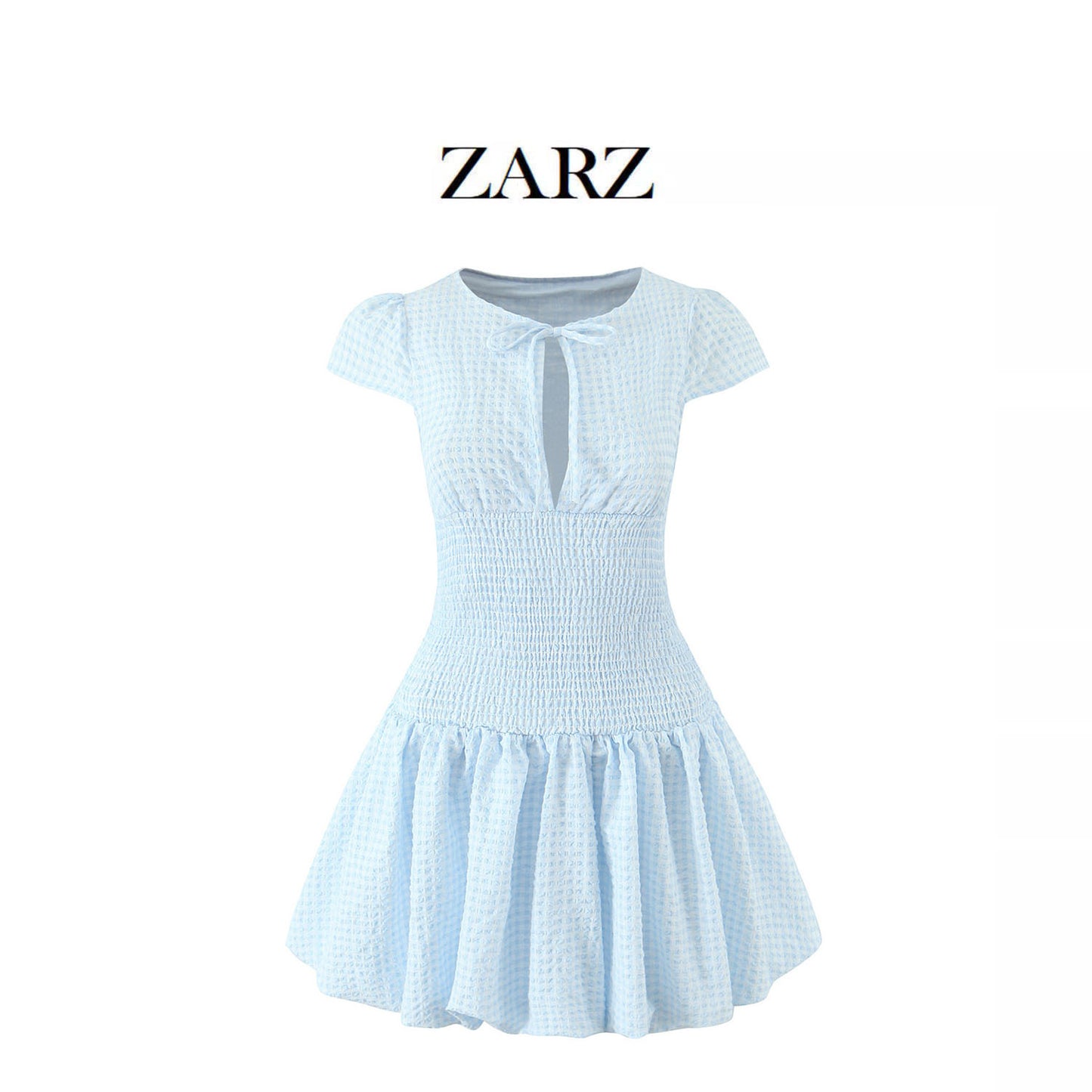 Women's Light Blue Plaid Mini Dress – 3/4 Sleeve Loose Fit Literary Retro Dress