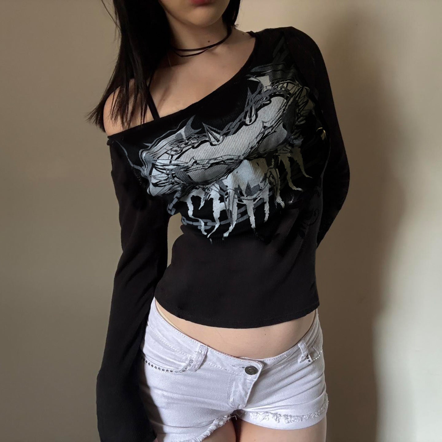 Women's Off Shoulder Oblique Collar Long Sleeve Shirt – Subculture Print Polyester Top