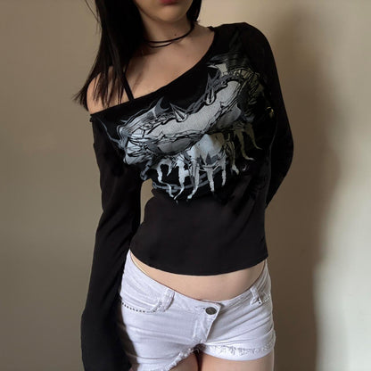 Women's Off Shoulder Oblique Collar Long Sleeve Shirt – Subculture Print Polyester Top