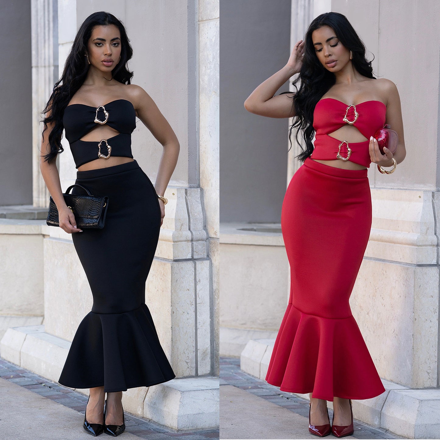 Women's Strapless Crop Top & Maxi Skirt Set – Elegant Commute Two-Piece