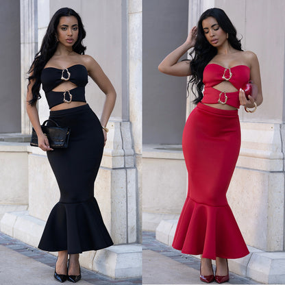 Women's Strapless Crop Top & Maxi Skirt Set – Elegant Commute Two-Piece