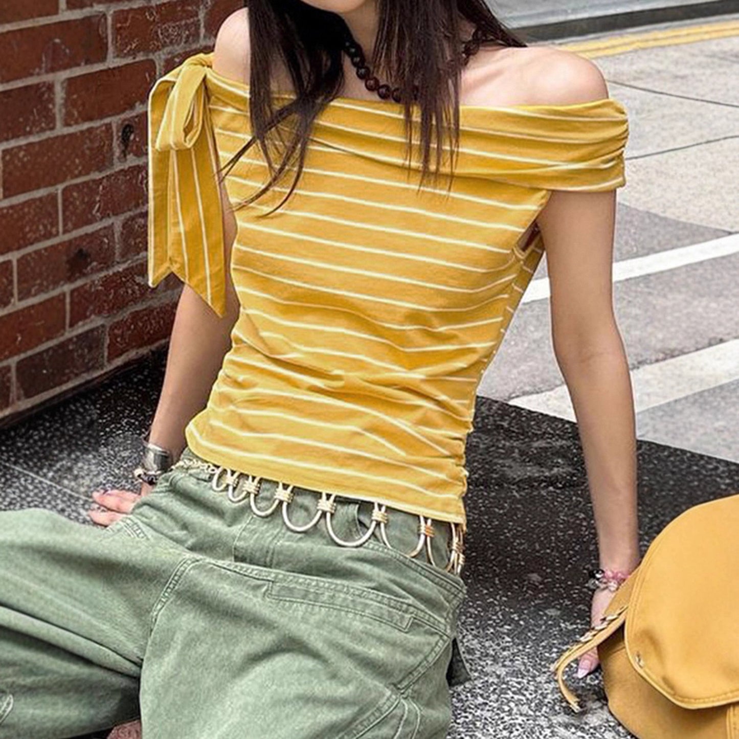 Zarusky One Shoulder Striped T-Shirt – Sexy Off Shoulder Contrasting Top