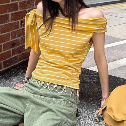 Zarusky One Shoulder Striped T-Shirt – Sexy Off Shoulder Contrasting Top