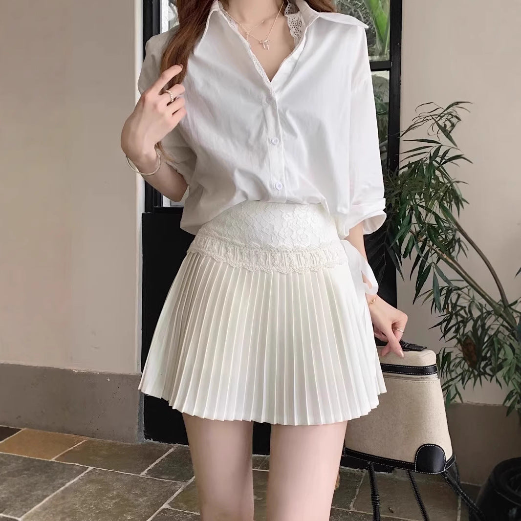 Women's White Lace Trim Pleated Mini Skirt – High Waist Ballet Style