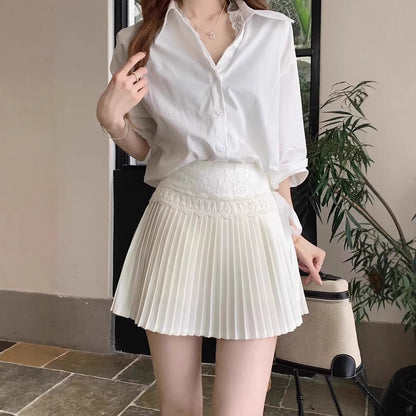 Women's White Lace Trim Pleated Mini Skirt – High Waist Ballet Style