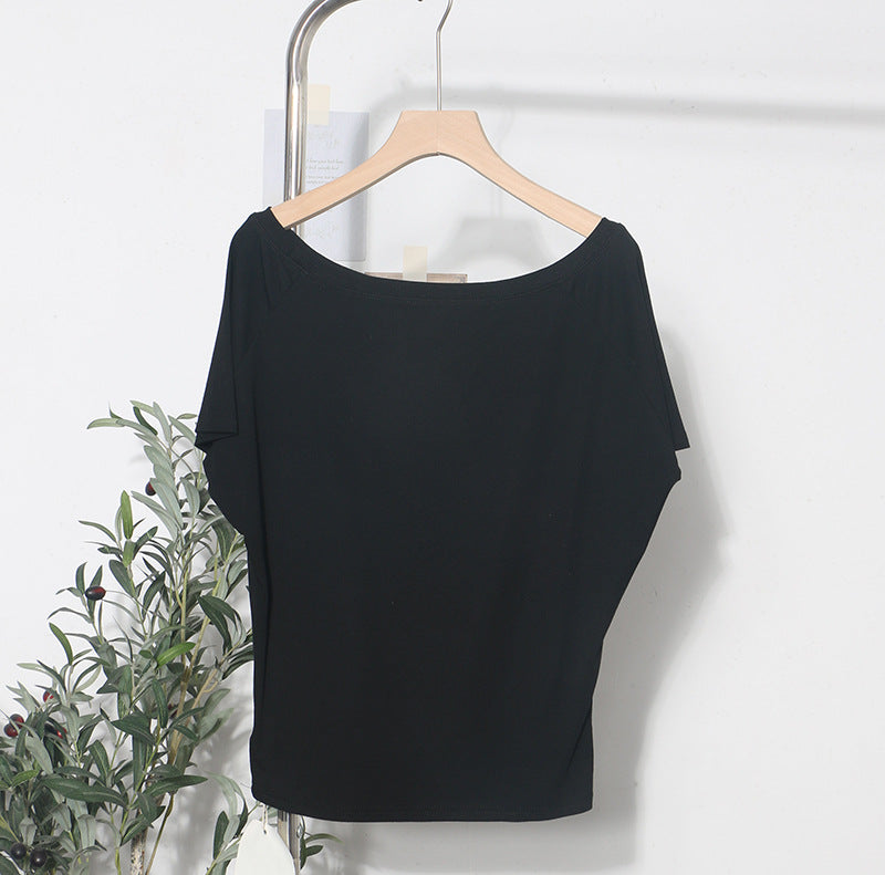 Zarusky Women's Off Shoulder Slanted Collar Loose Fit Blouse – Short Sleeve Cotton Top