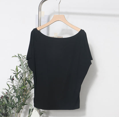 Zarusky Women's Off Shoulder Slanted Collar Loose Fit Blouse – Short Sleeve Cotton Top