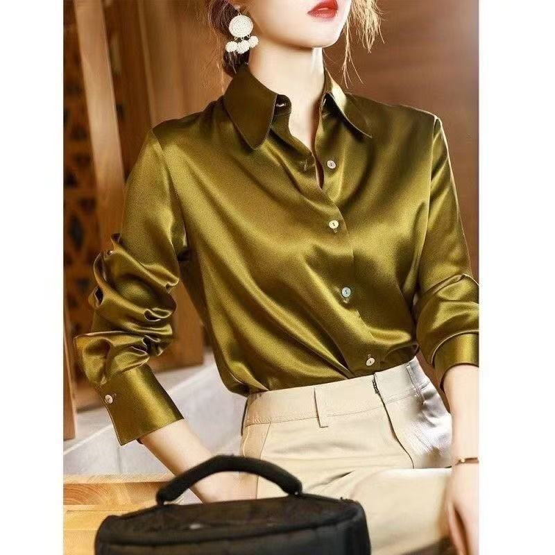 Women’s High-Quality Acetate Satin Shirt – Dark Green Long Sleeve | Elegant Luxury Blouse