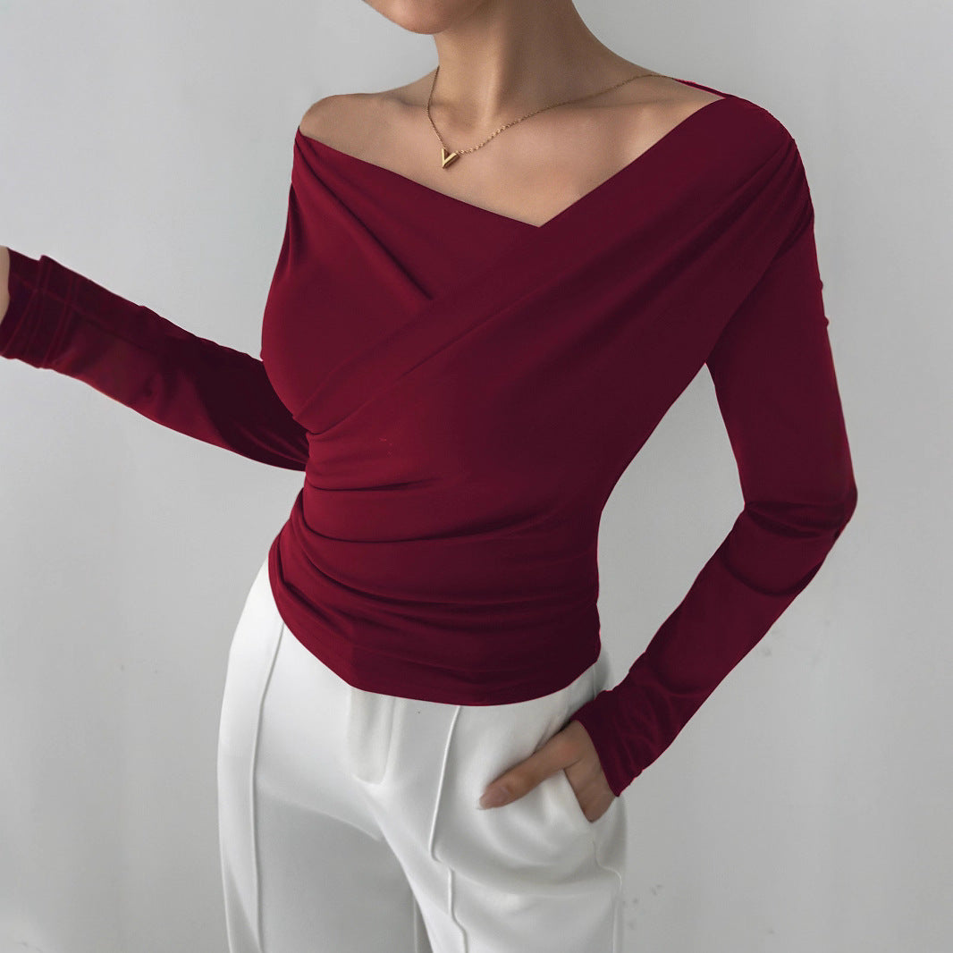Zarusky Off Shoulder Slanted Collar Shirt – Slim Fit Long Sleeve Top